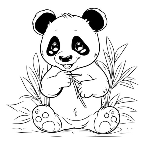 Illustration of a panda sitting on the grass with easter eggs