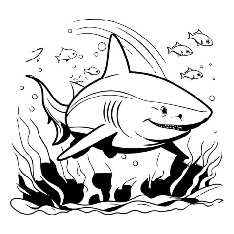 Cartoon shark in the sea. Vector illustration for coloring book.