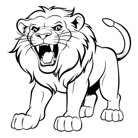 Lion - Wild Animal - Black and White Vector Illustration.