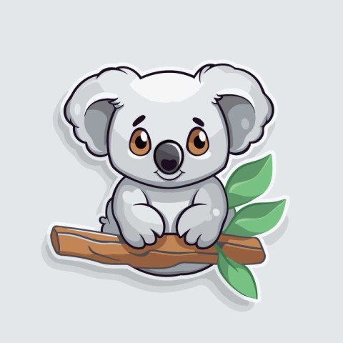 Cute koala cartoon sticker on the tree. Vector illustration.