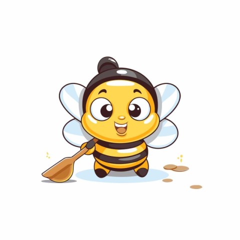 Cute cartoon bee with wooden spoon. Vector illustration on white