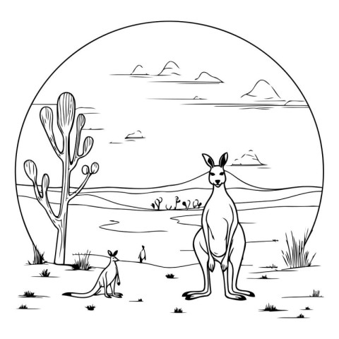 Kangaroos and cactuses in the desert. Vector illustration.