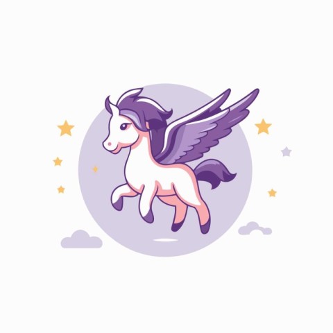 Cute cartoon unicorn with wings flying in the sky. Vector illust