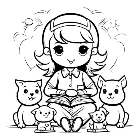 Black and White Cartoon Illustration of Cute Little Girl Reading