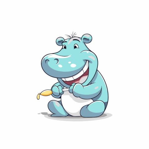 Cartoon hippo with paint brush isolated on white background. Vec