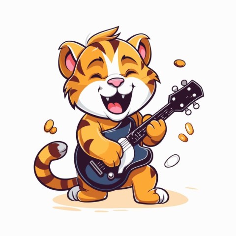 Vector illustration of a cute cartoon tiger playing guitar. Isol