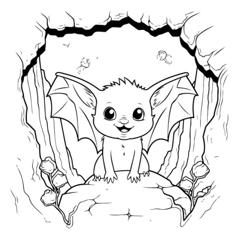 Cute cartoon bat in cave. Vector illustration for coloring book.