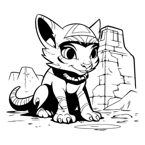 Vector image of a cat on a background of an ancient city.