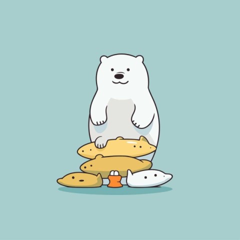 Polar bear sitting on a pile of bread. Vector illustration.