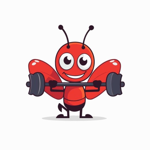 Cute cartoon red ant lifting a barbell. Vector illustration.