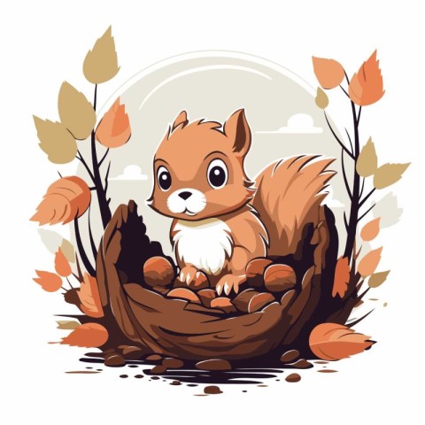 Squirrel in the nest with autumn leaves. Vector illustration for