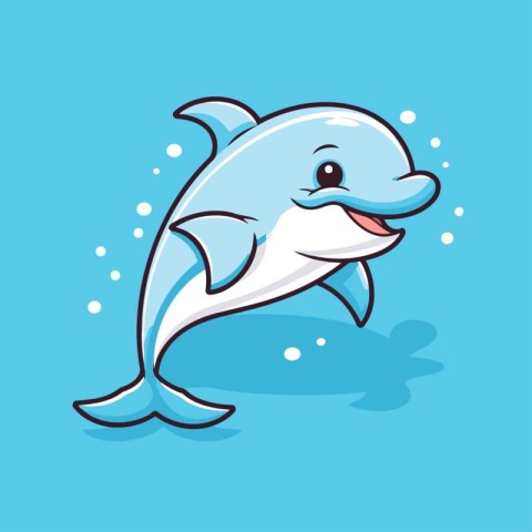 Cute cartoon dolphin on a blue background. Vector Illustration.