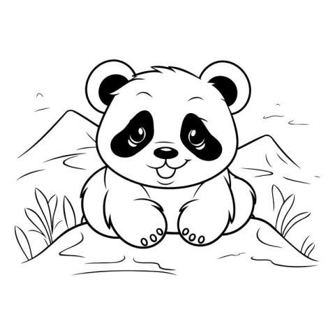 Cute cartoon panda on the rock. Vector illustration for coloring