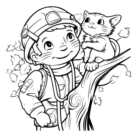 Black and White Cartoon Illustration of Kid Boy with Cat on Tree