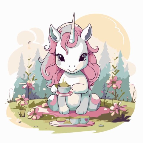 Cute cartoon unicorn with cup of tea in the forest. Vector illus