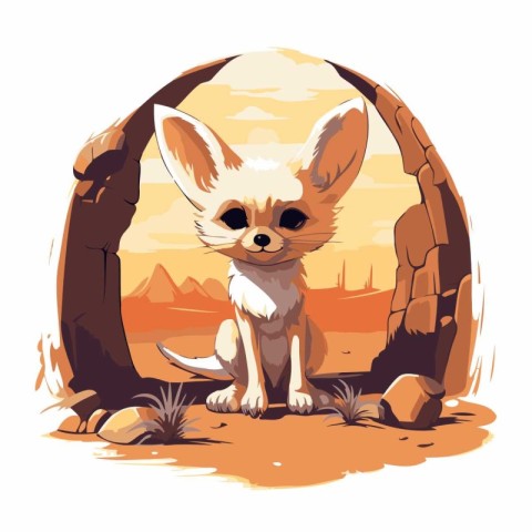 Fennec fox in the desert. Vector illustration in cartoon style.