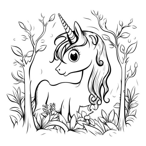 Unicorn in the forest. Black and white vector illustration.