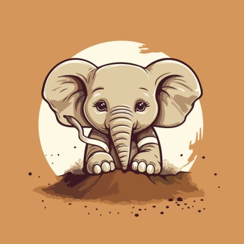 Vector illustration of a cute baby elephant in the sand on a ora