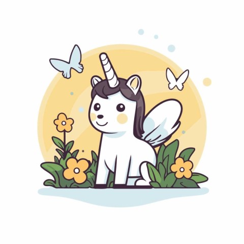 Cute cartoon unicorn with flowers and butterflies. Vector illust