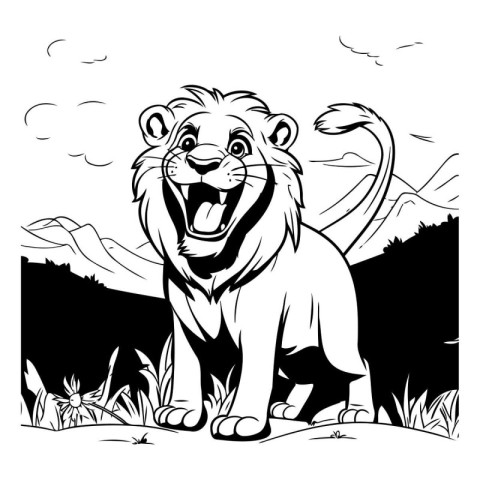 Lion in the nature. Black and white vector illustration for colo