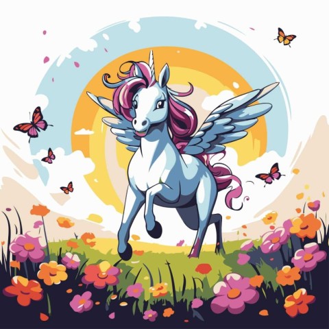 Magic unicorn on the meadow with flowers and butterflies. Vector