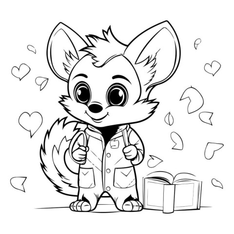 Cute cartoon fox with a book and hearts. Vector illustration.