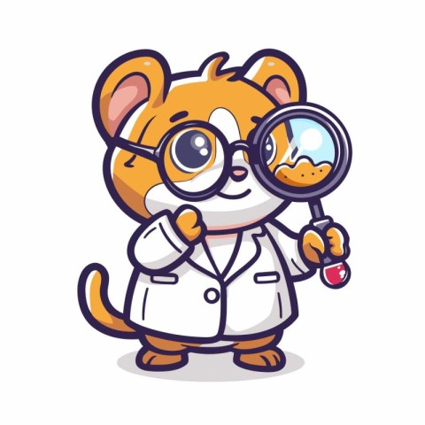 Cute cat in lab coat with magnifying glass. Vector illustration