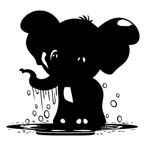 Cute cartoon elephant in puddle. Black and white vector illustra