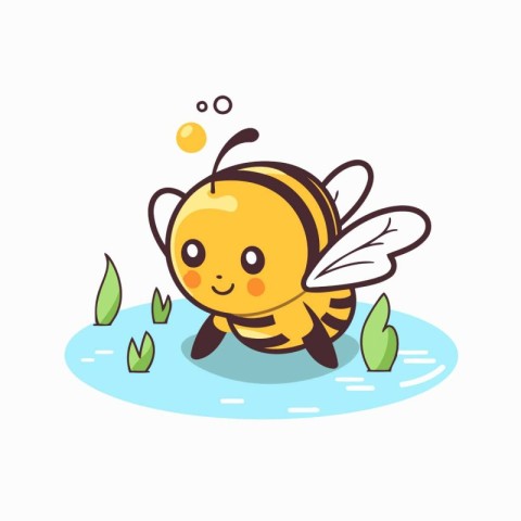 Cute cartoon bee flying in the puddle. Vector illustration.