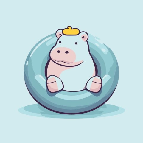 Cute hippo in a rubber ring. Vector cartoon illustration.