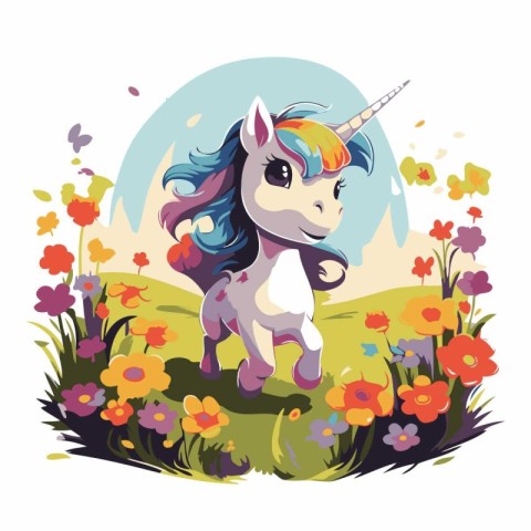 Cute cartoon unicorn in the field with flowers. Vector illustrat