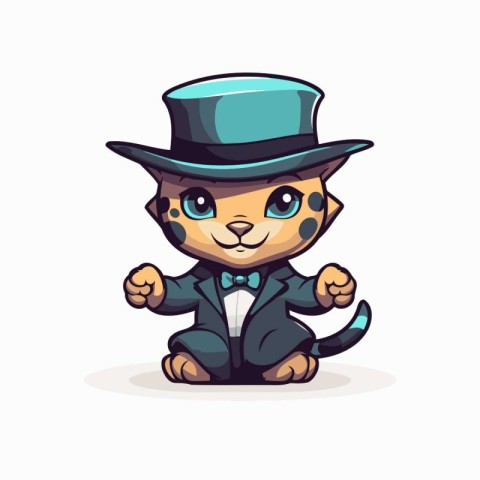 Funny cartoon leopard in suit and hat. Vector illustration.