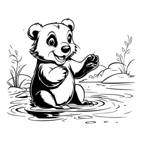 Black and White Cartoon Illustration of Cute Bear Drinking Water