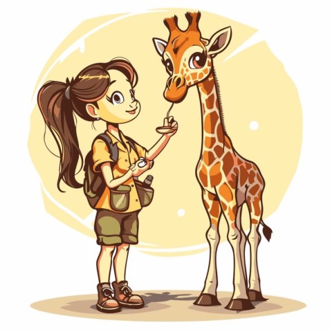 Cute little girl feeds giraffe. Vector illustration in cartoon s