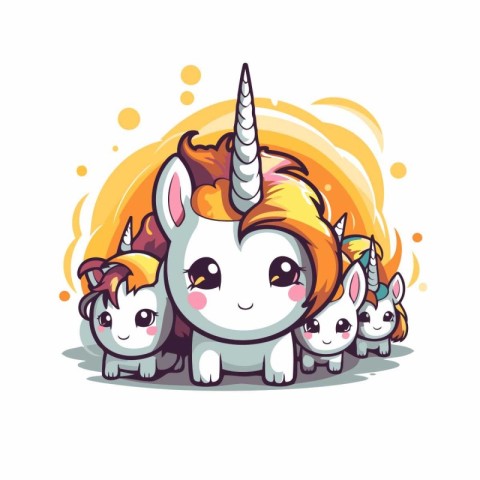 Cute cartoon unicorn with little friends. Vector illustration is