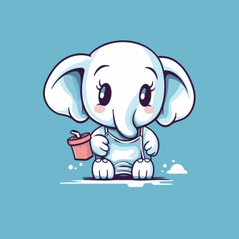 Cute cartoon elephant holding a cup of coffee. Vector illustrati