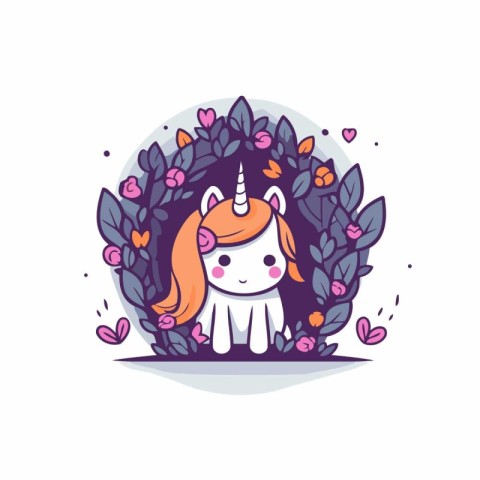 Cute cartoon unicorn with flowers. Vector illustration in flat s