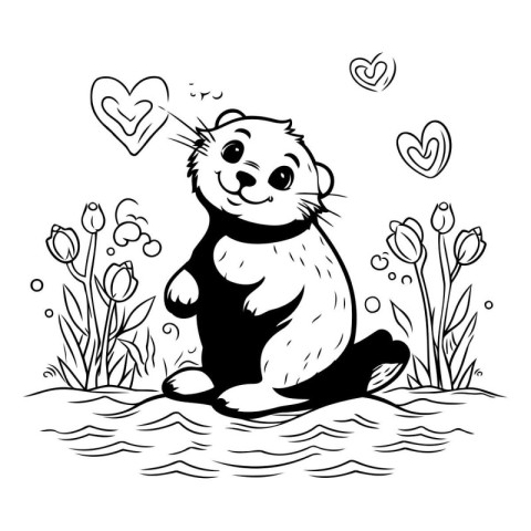 Cute hamster sitting on the river. Black and white vector illust