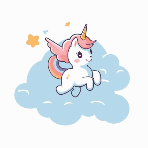 Cute cartoon unicorn sitting on the cloud. Vector illustration i