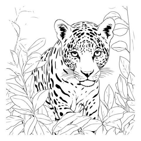 Jaguar in the jungle. Hand drawn vector illustration in black an