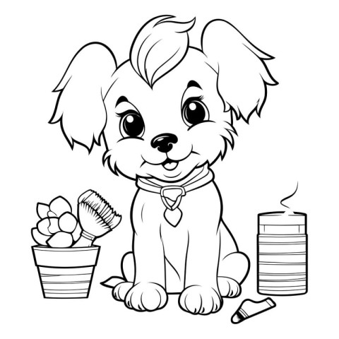 Black and White Cartoon Illustration of Cute Little Puppy Dog Ch