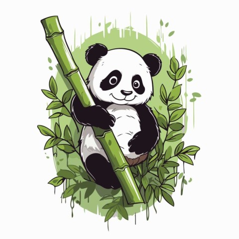 Cute panda sitting on bamboo branch. Hand drawn vector illustrat