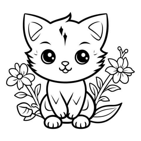 Cute cat with flowers. Coloring book for children and adults.