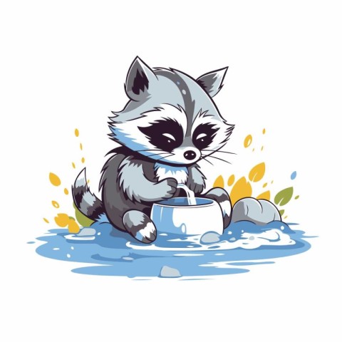 Raccoon drinking water from a bowl. Vector illustration isolated