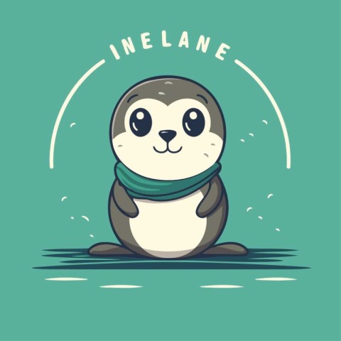 Cute penguin in a scarf. Vector illustration on a green backgrou