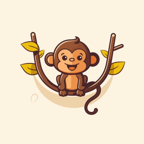 Cute cartoon monkey sitting on a tree branch. Vector illustratio