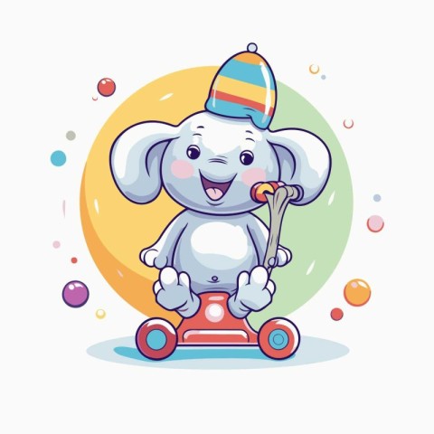 Cute cartoon elephant riding on a toy car. Vector illustration.