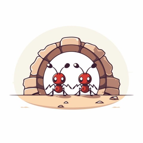 Ants in the stone arch. Cute cartoon vector illustration.