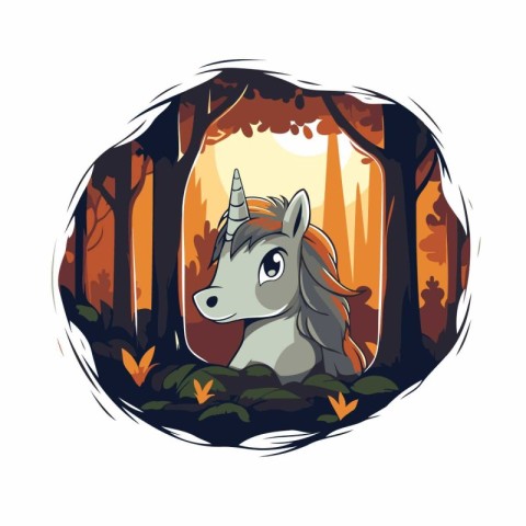 Unicorn in the forest. Vector illustration in cartoon style.