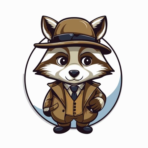 Cute raccoon in a hat and suit. Vector illustration.